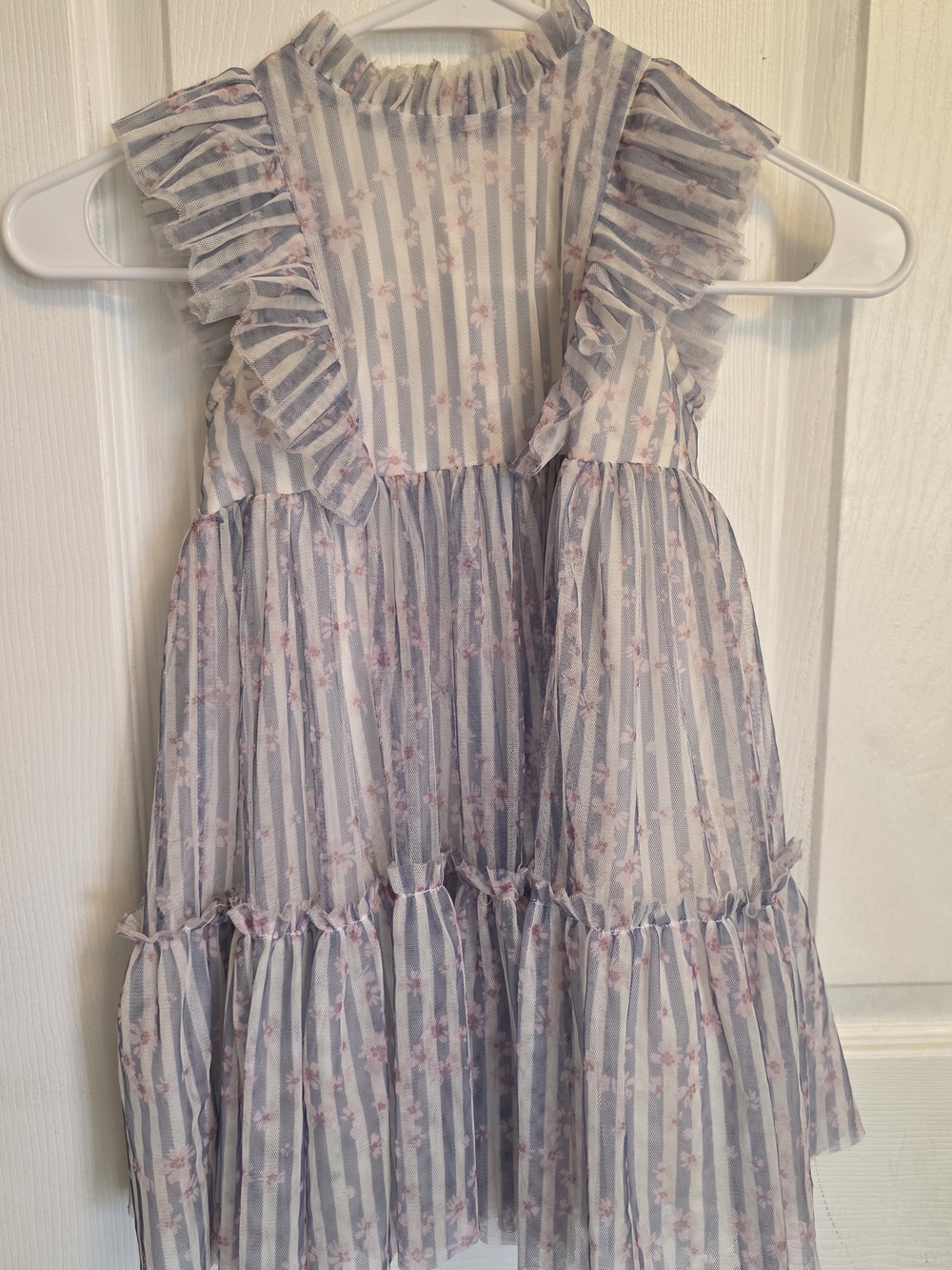 Girls Floral Stripe Ruffle Dress - Pink & White
